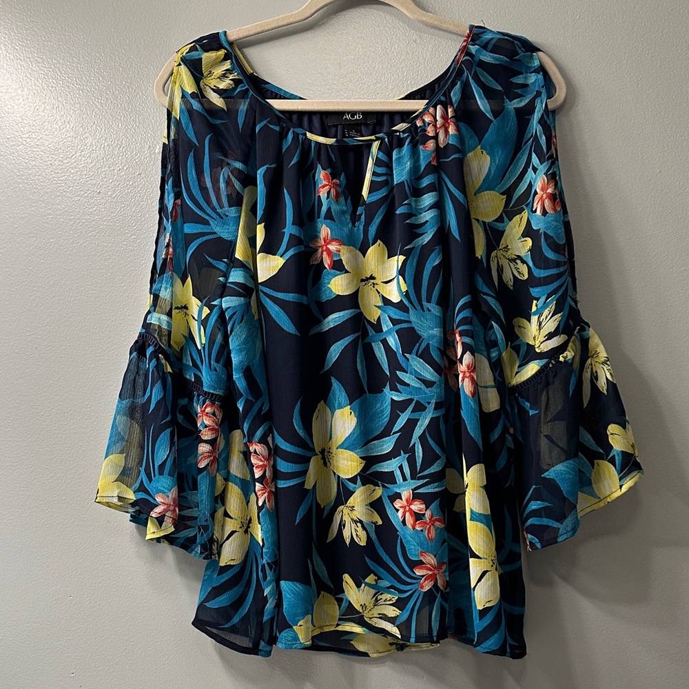 AGB Navy Floral Cold Shoulder Blouse